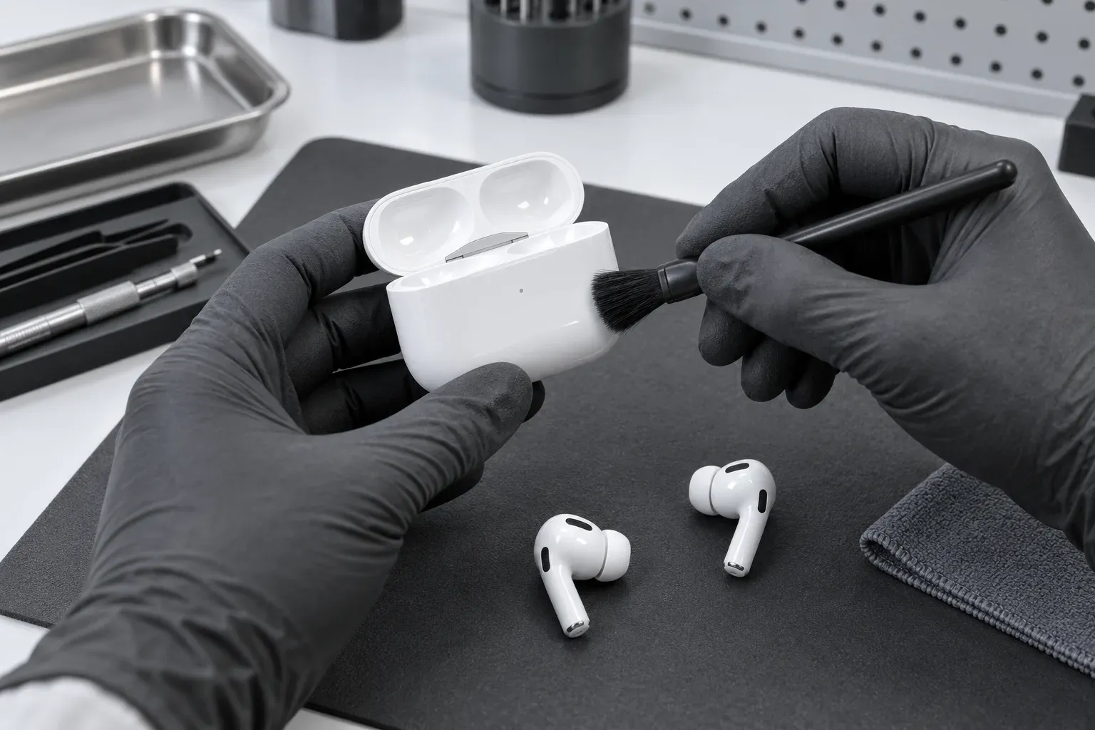 Иллюстрация осмотра и наружной очистки кейса AirPods
