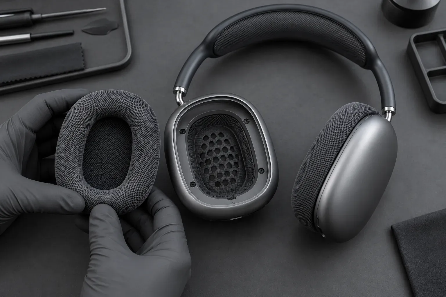 Иллюстрация осмотра AirPods Max со снятой амбушюрой