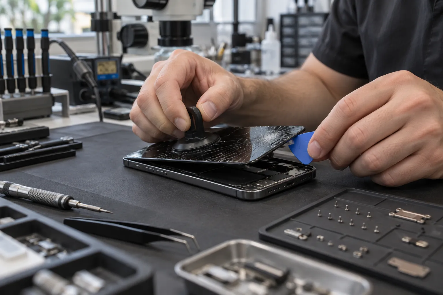 Мастер присоской поднимает разбитый дисплей iPhone и подводит медиатор под край стекла, рядом на столе отвёртки, пинцет и лоток с винтами