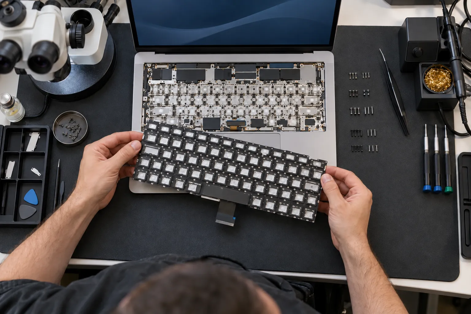 Мастер держит снятую клавиатуру MacBook над вскрытым корпусом ноутбука, рядом микроскоп, паяльная станция, пинцет и отвёртки