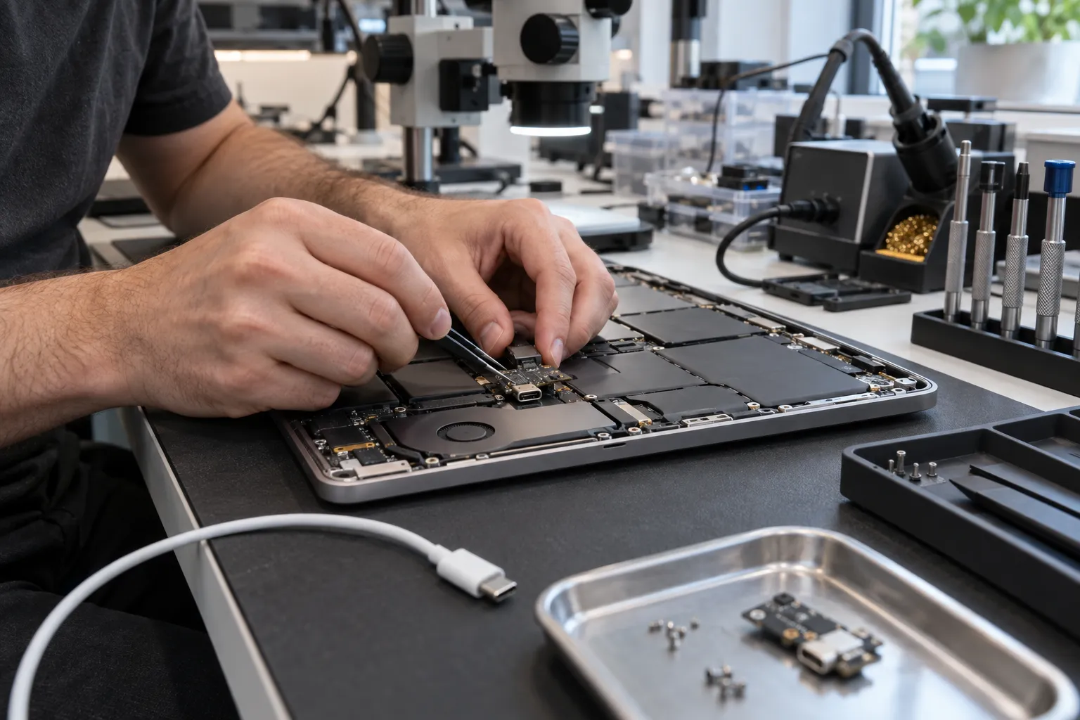 Мастер пинцетом устанавливает плату с разъёмом USB-C во вскрытый MacBook, рядом на столе белый кабель USB-C и лоток с винтами